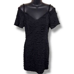 Vintage Size 7 Porto Modes Black Textured Event Dress Vneck 80s LBD Stretch